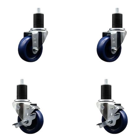 Service Caster 3.5'' SS Solid Poly Wheel Swivel 1-3/4'' Expanding Stem Caster Set 2 Brakes, 4PK SCC-SSEX20S3514-SPUS-2-TLB-2-134